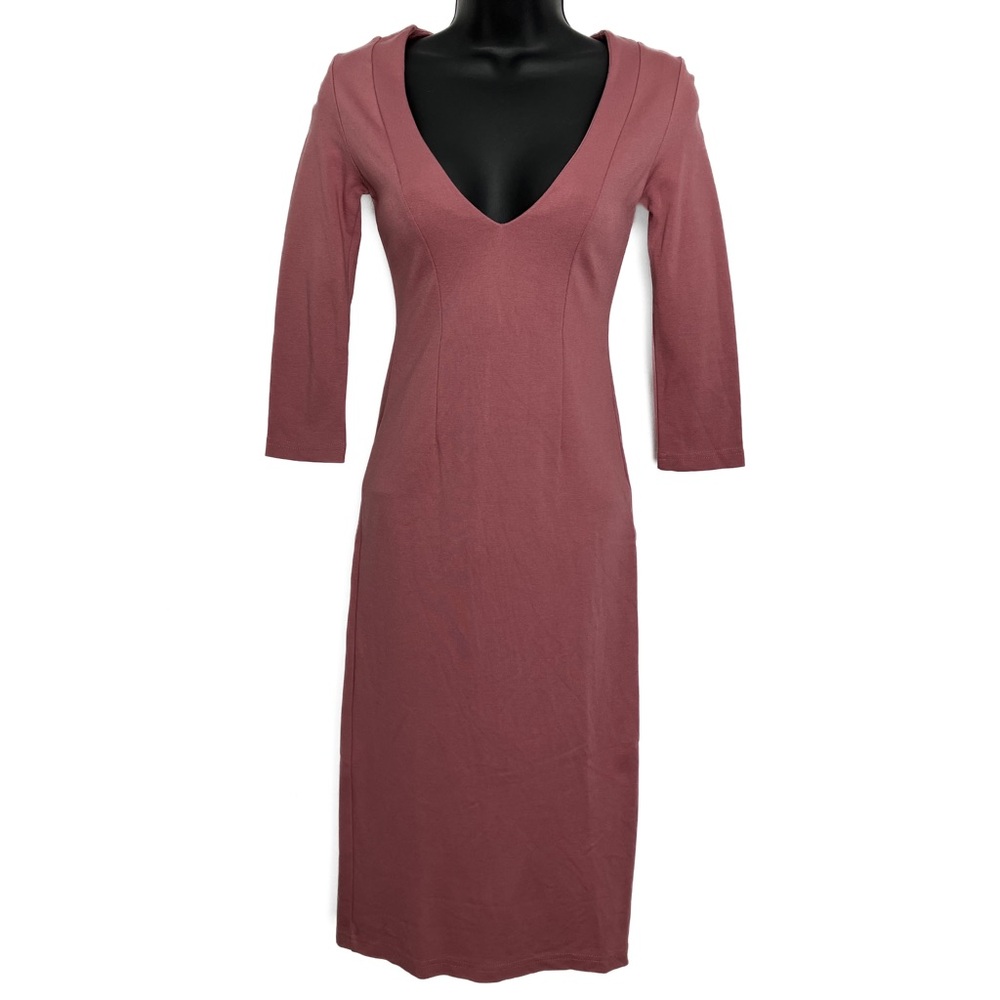 Retrolicious Dusty Rose Stretch Knit Sleeved V Neck Midi Pencil Dress XS Small